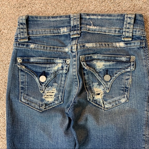 Y2K MARCIANO Indigo BLUE Low Rise FLARE Bell Bottom DISTRESSED Stretch JEANS 25 - Picture 4 of 6